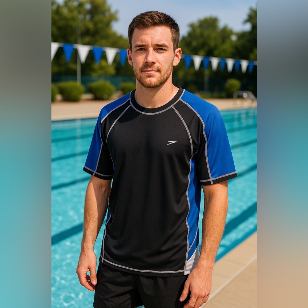 XL Speedo Shirt UV Block Burn Black Blue White Short Sleeve